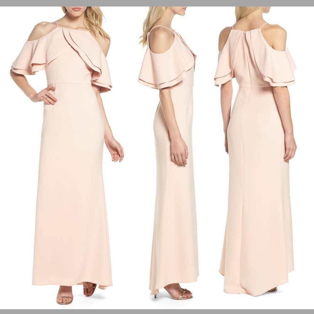 NEW Eliza J Ruffle Bodice Cold Shoulder‎ Gown in Blush [SZ 6 ]